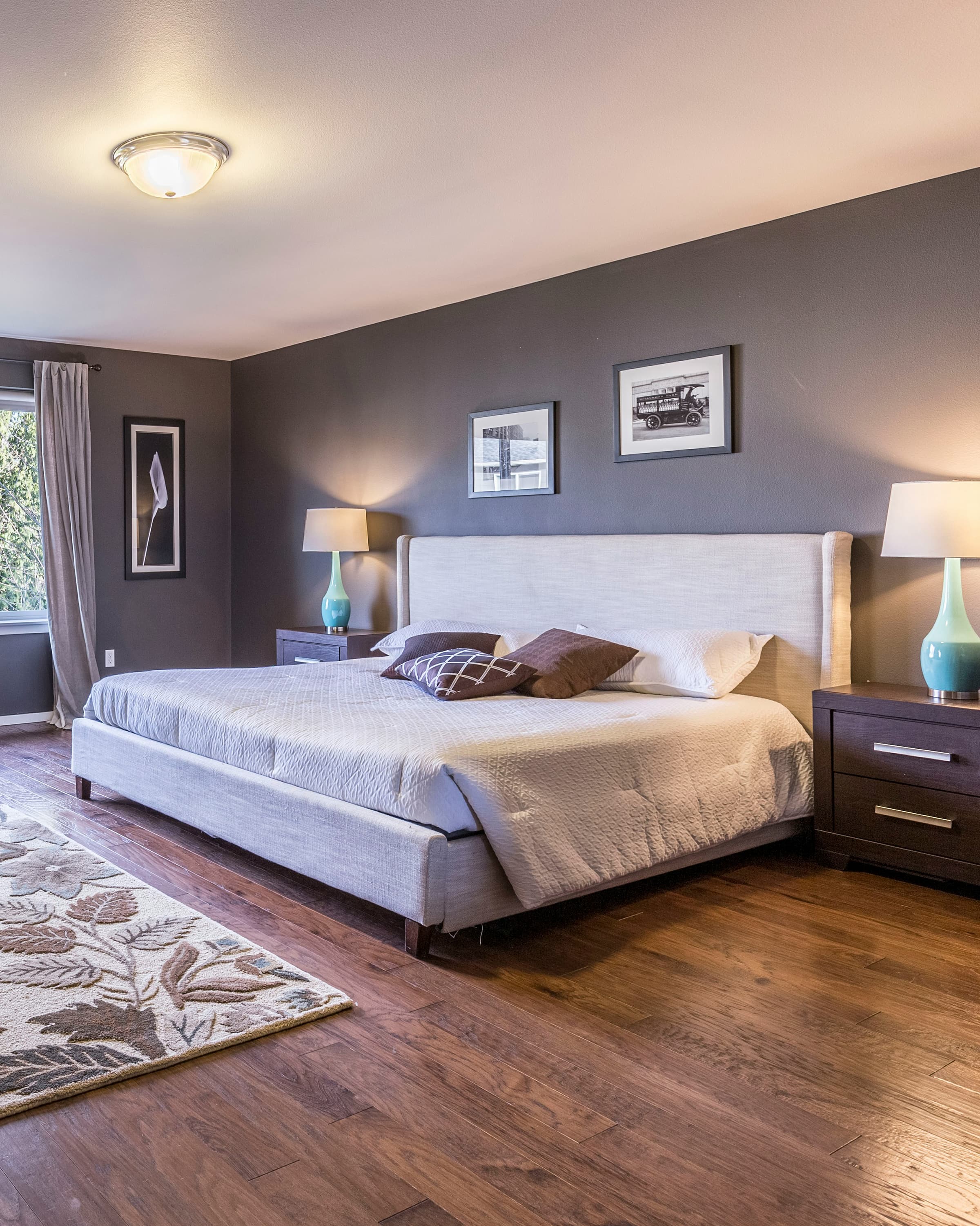 Calm contemporary bedroom presented as part of the buyer experience