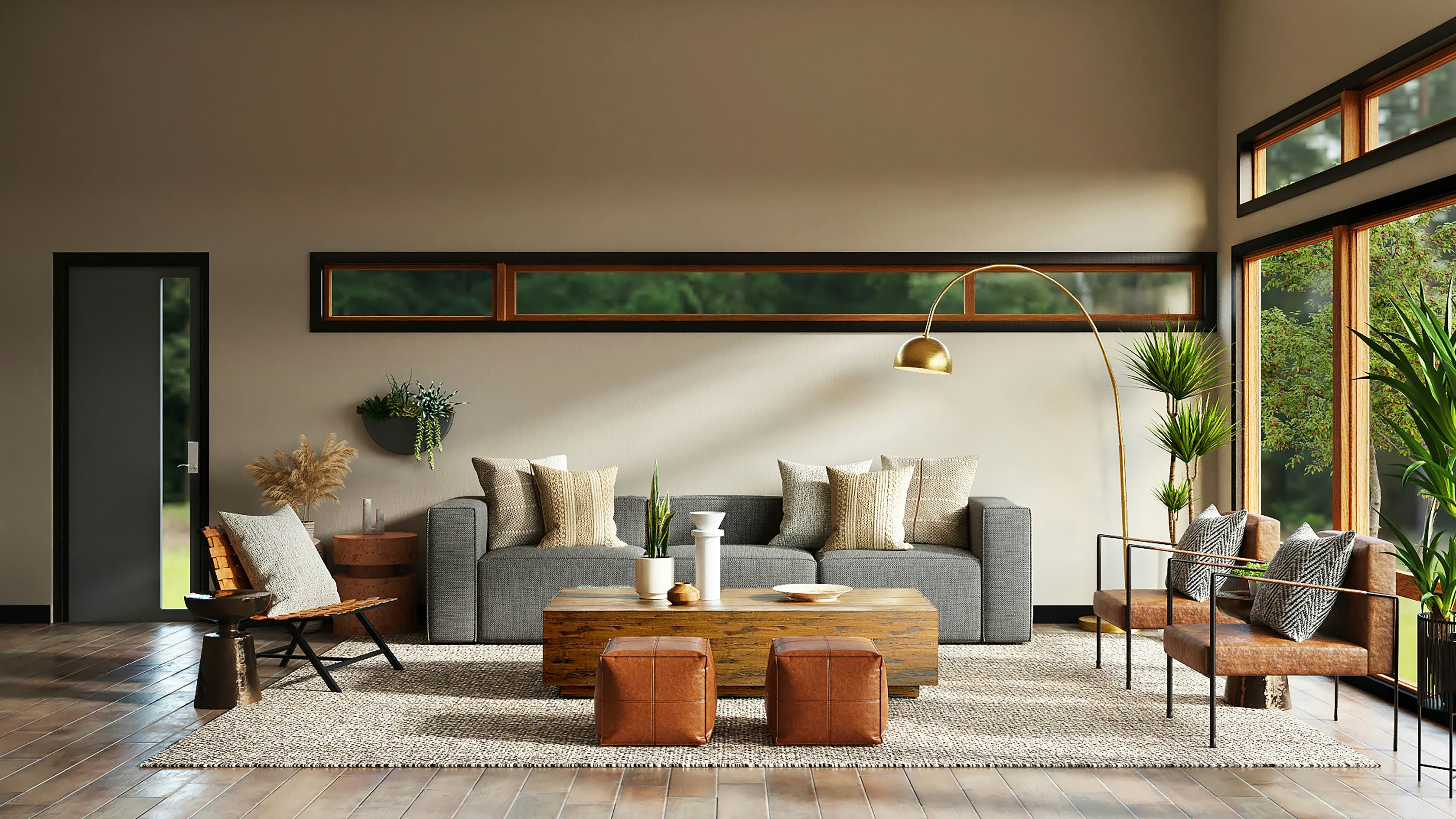 Finished architectural interior rendering with a considered material and lighting palette